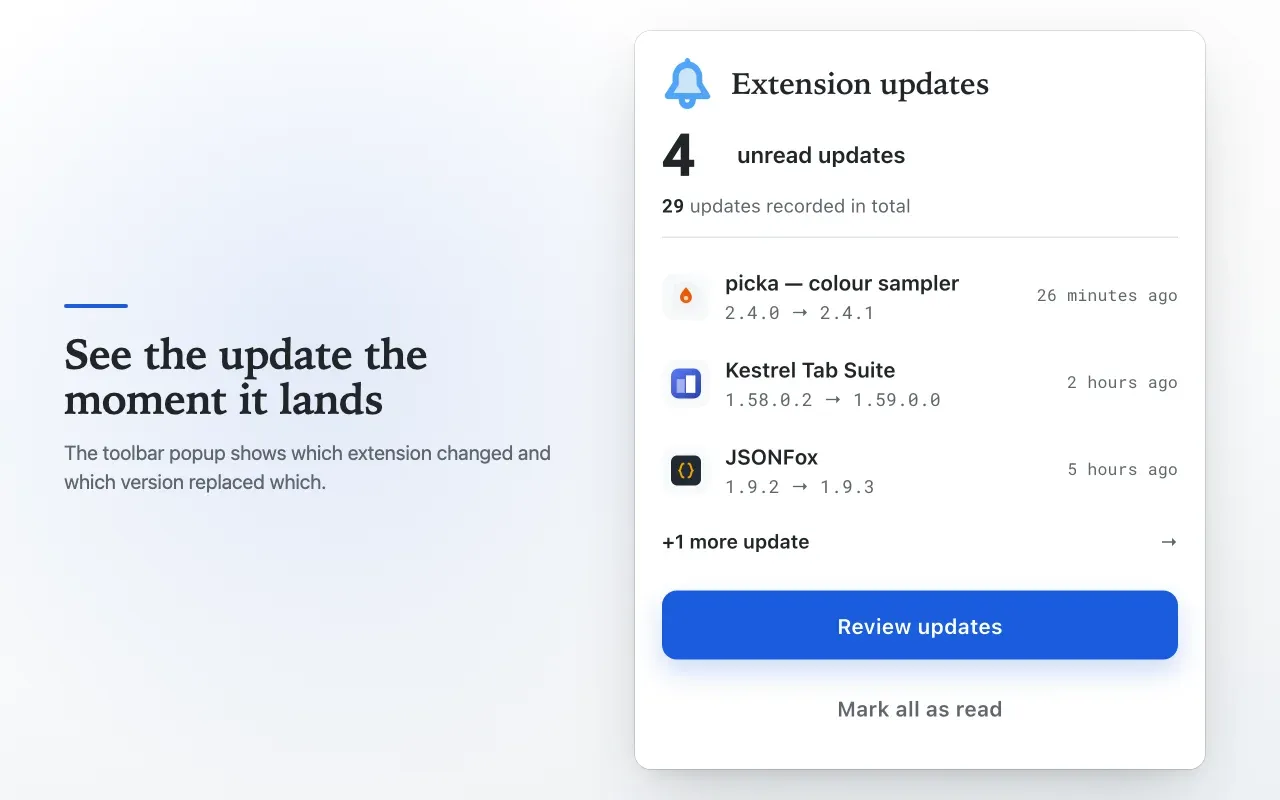 Extensions Update Tracker showing recent browser extension version changes and their detection times